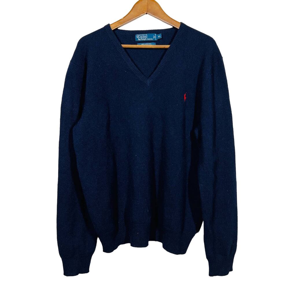 Vintage 90s Polo Ralph Lauren Lambswool V NEck Sweater Blue = XL